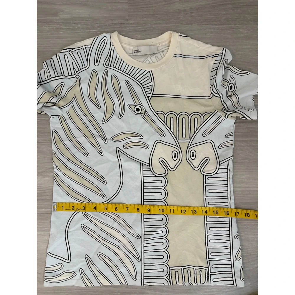 Tory Burch Women Shirt Zebra Column Graphic Print T-Shirt Cream Blue Portugal XS